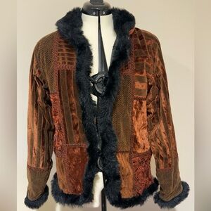 Patchwork Velvet Faux Fur Trim Jacket